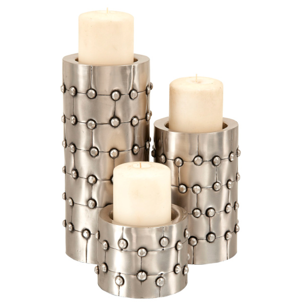 Set of 3 Silver Metal Industrial Candle Holder, 11", 7", 4"