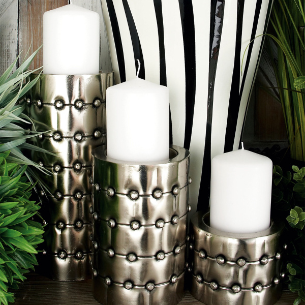 601174 Set of 3 Silver Metal Industrial Candle Holder, 11", 7", 4"