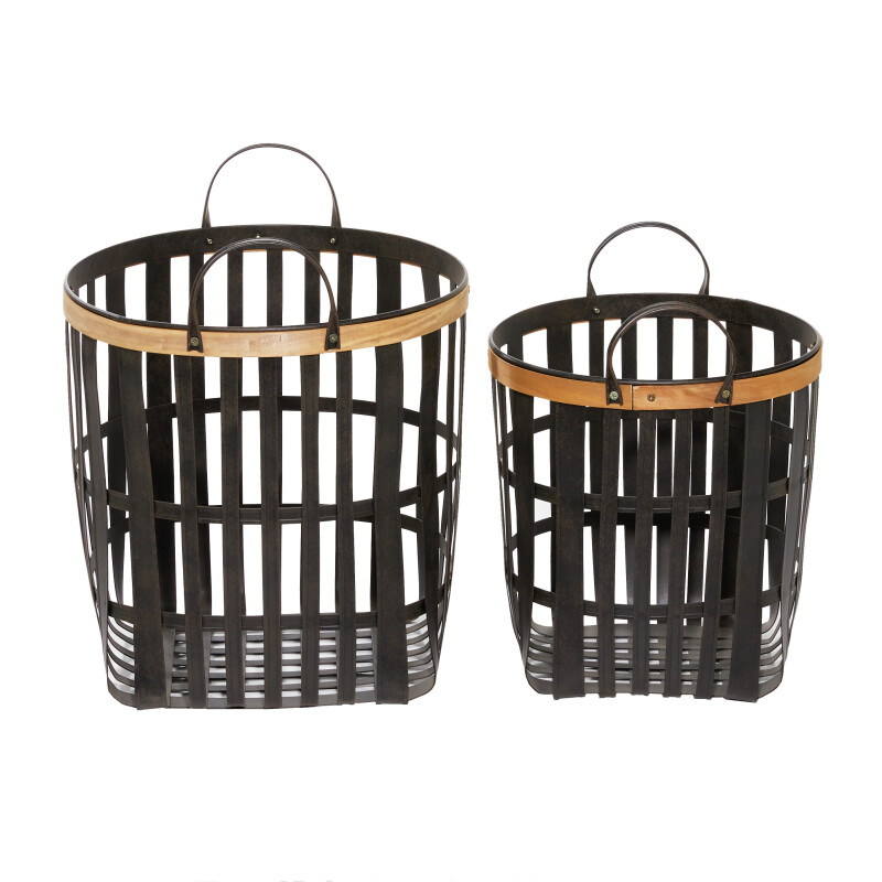 601458 Bronze Set Of 2 Black Bamboo Farmhouse Storage Basket  1