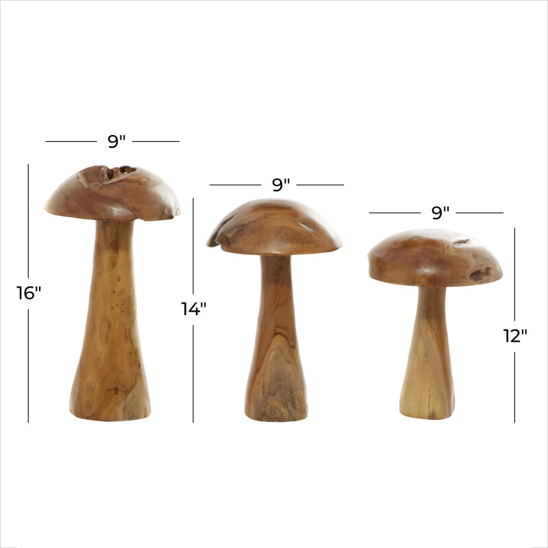 601487 Brown Set Of 3 Brown Teak Wood Mushroom Sculpture 2