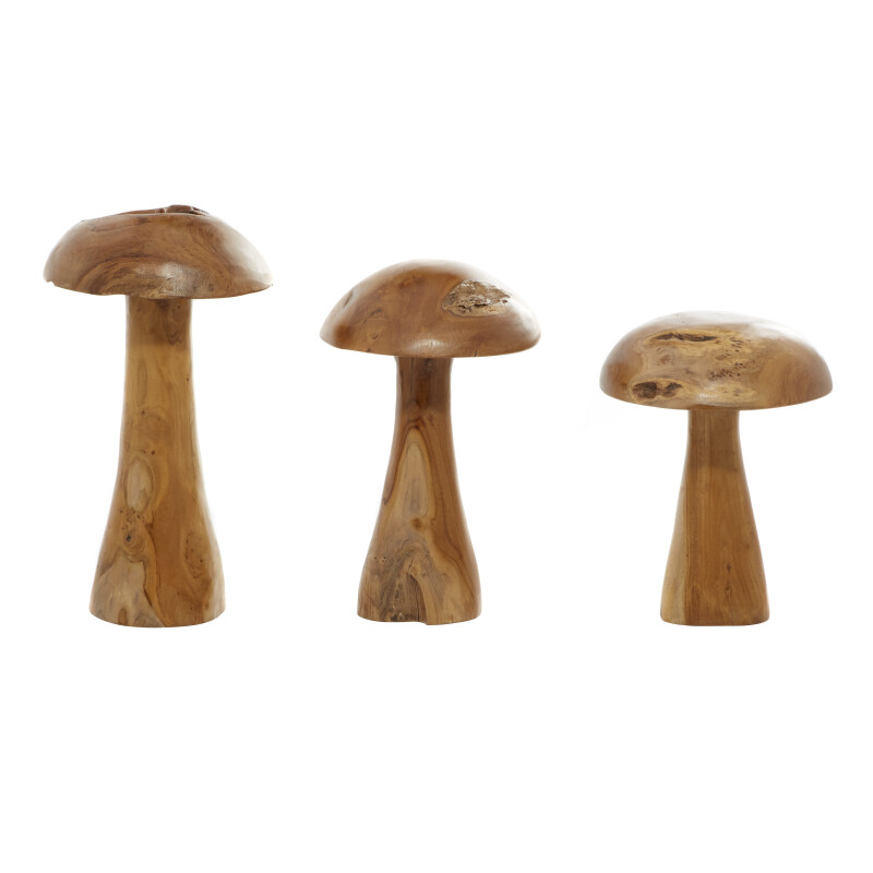 601487 Brown Set Of 3 Brown Teak Wood Mushroom Sculpture 3