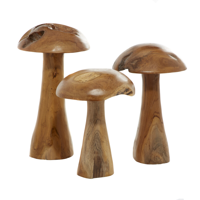 Set of 3 Brown Teak Wood Mushroom Sculpture 16", 14", 12"H