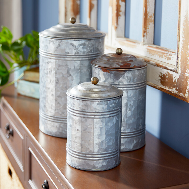 601514 Set of 3 Grey Metal Farmhouse Decorative Jar, 11", 9", 7"