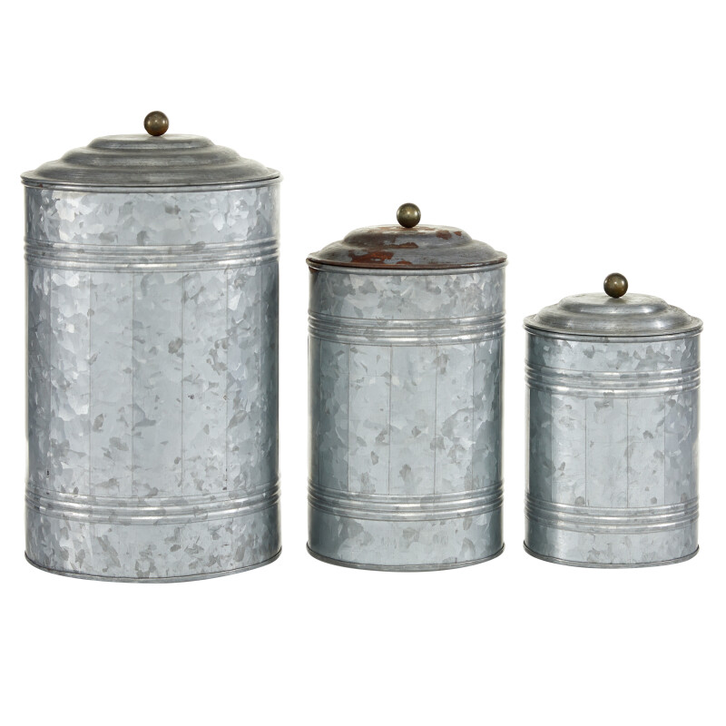 601514 Set of 3 Grey Metal Farmhouse Decorative Jar, 11", 9", 7"