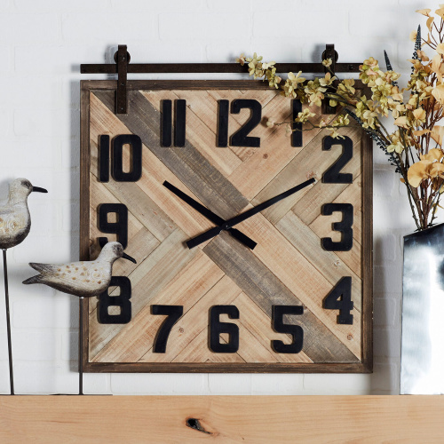 602157 Brown Industrial Wood Wall Clock, 27" x 24"