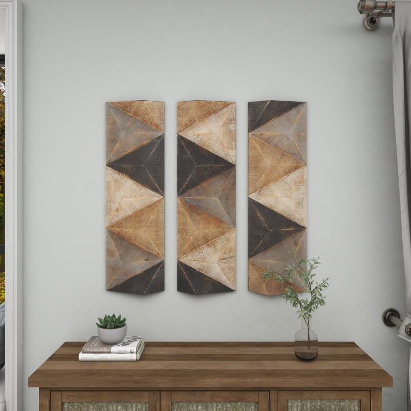 602274 Set Of 3 Brown Wood Farmhouse Abstract Wall Decor 1