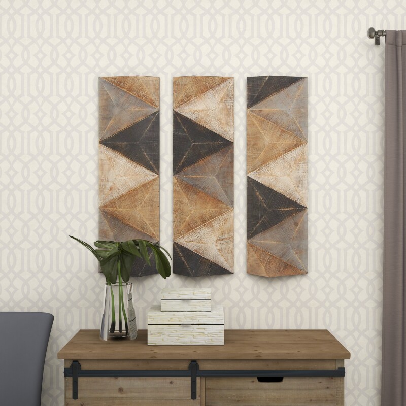 602274 Set Of 3 Brown Wood Farmhouse Abstract Wall Decor 2