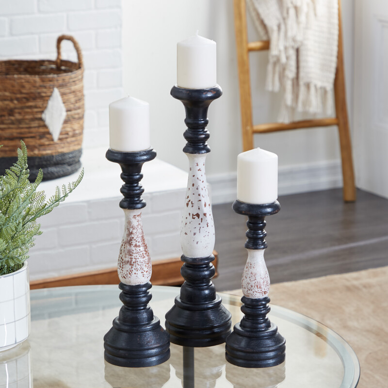 602284 Black and White Wood Farmhouse Candlestick Holders, 16" x 5" x 5"