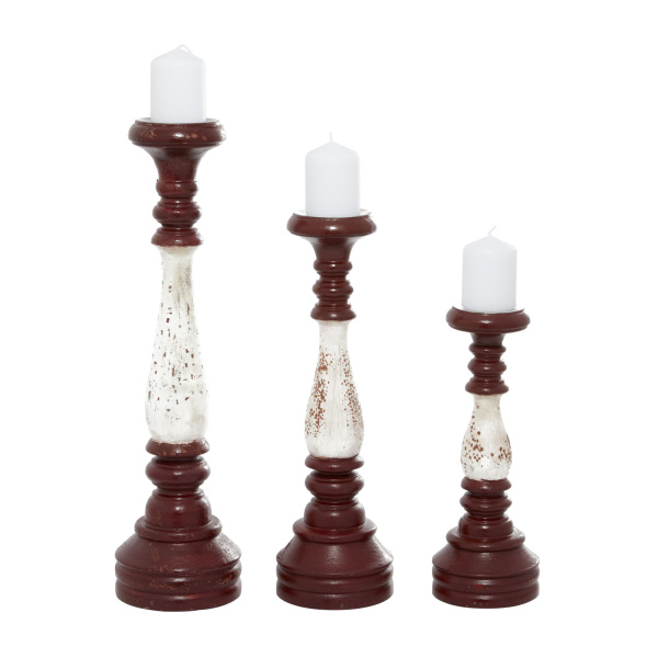 602285 Red and White Wood Farmhouse Candlestick Holders, 20" x 5" x 5"
