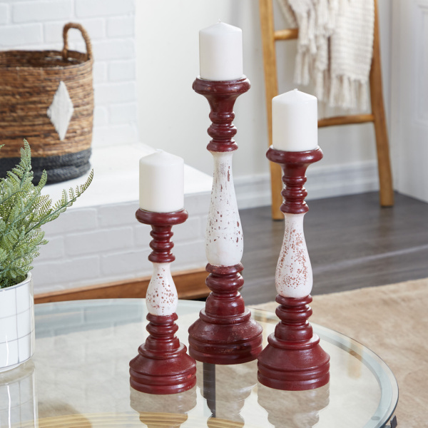 602285 Red and White Wood Farmhouse Candlestick Holders, 20" x 5" x 5"