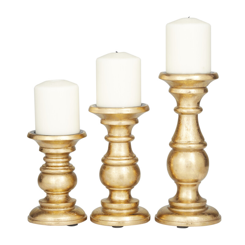 602353 Gold Gold Mango Wood Traditional Candle Holder Set Of 3 10 8 6 H 17