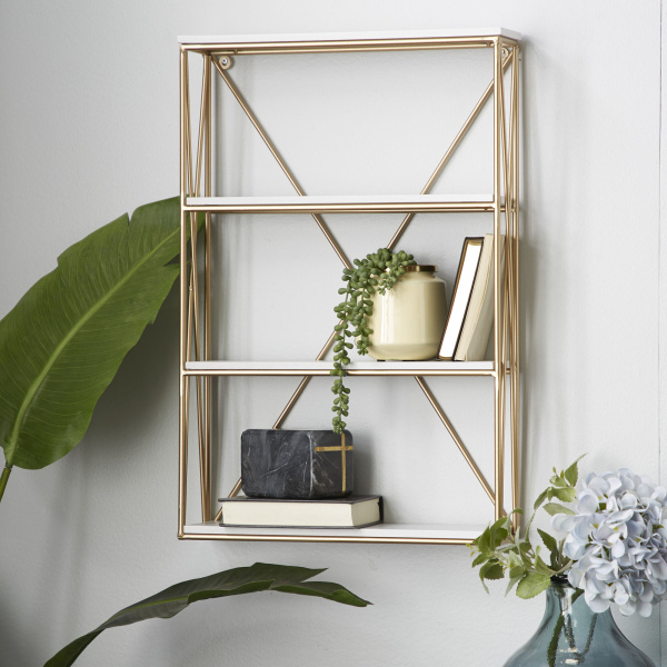 602373 Gold Wood Glam Wall Shelves, 24" x 16" x 4"
