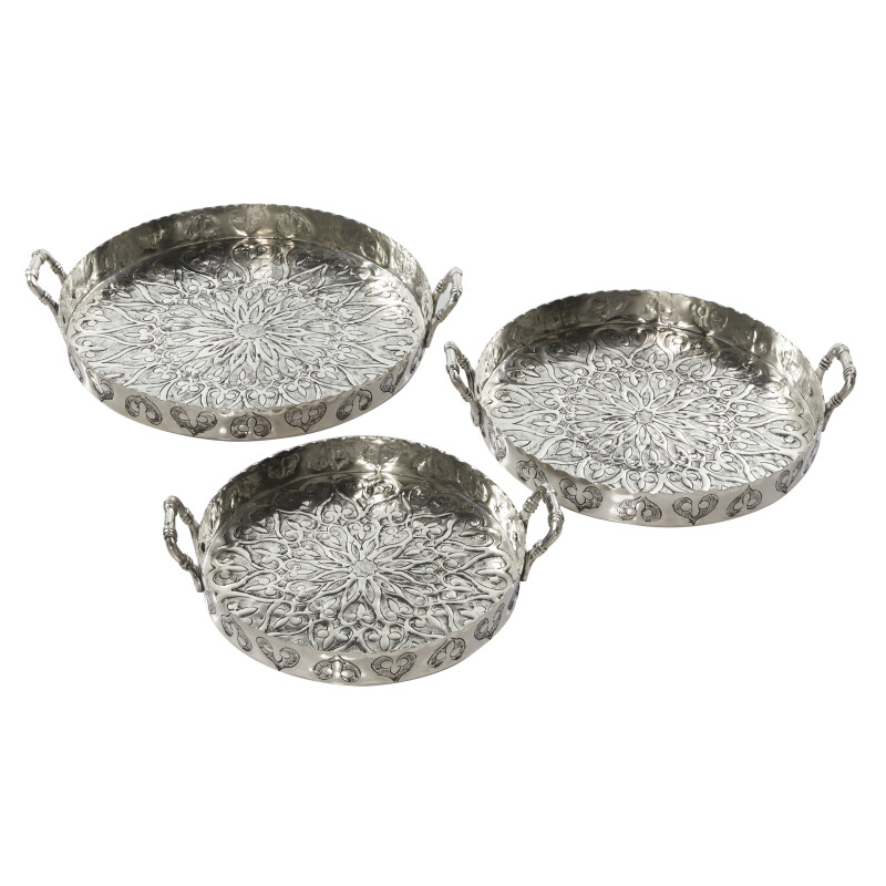 602491 Set of 3 Silver Aluminum Traditional Tray, 16", 14", 12"