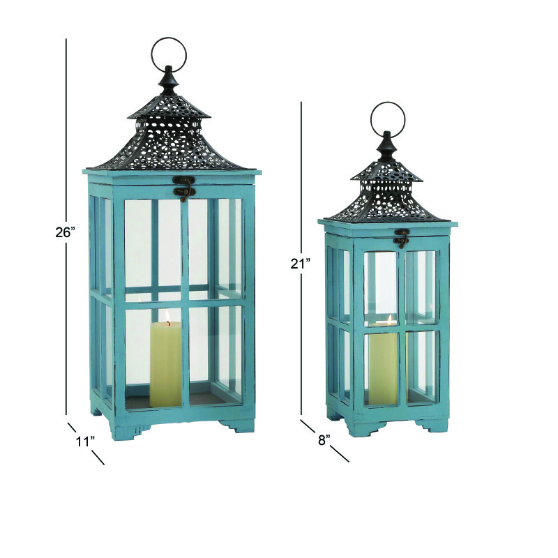 602692 Turquoise Black Set Of 2 Turquoise Wood Coastal Lantern 2