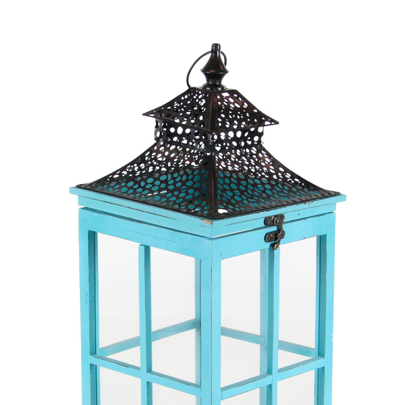 602692 Turquoise Black Set Of 2 Turquoise Wood Coastal Lantern 4