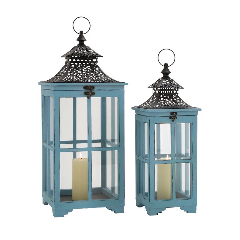 Set of 2 Turquoise Wood Coastal Lantern, 21", 26"