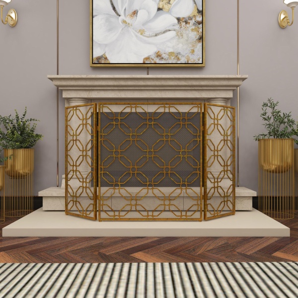 602703 Gold Metal Contemporary Wood Fireplace Screen 31 X 53 X 1 01