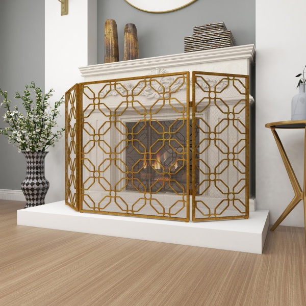 602703 Gold Metal Contemporary Wood Fireplace Screen, 31" x 53" x 1"