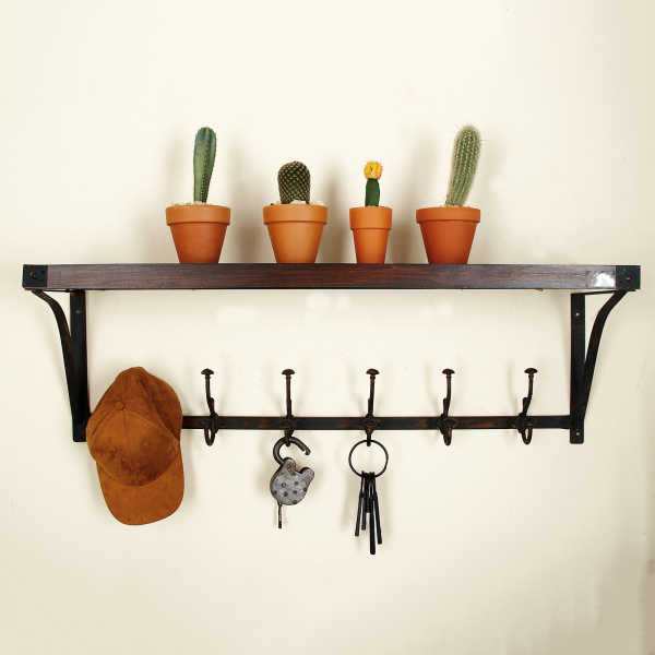 602713 Brown Wood Industrial Wall Hooks with Shelf, 13" x 39" x 10"