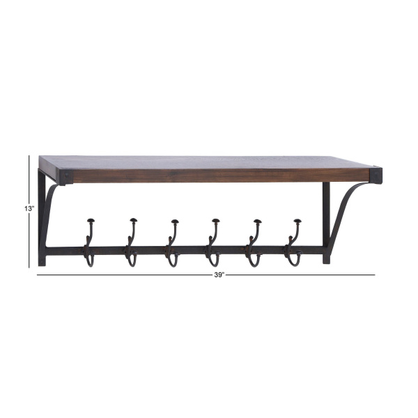 602713 Brown Wood Industrial Wall Hooks With Shelf 17