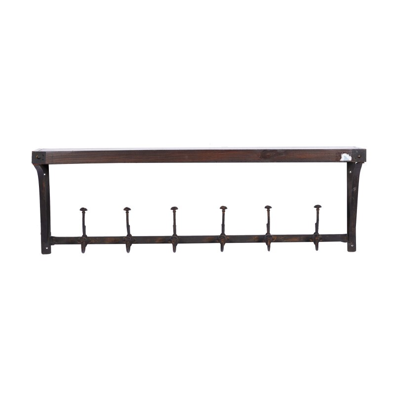 602713 Brown Wood Industrial Wall Hooks With Shelf