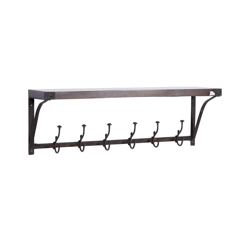 602713 Brown Wood Industrial Wall Hooks with Shelf, 13" x 39" x 10"