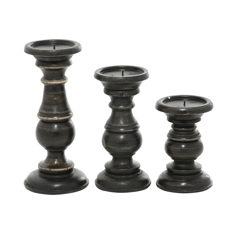 602753 Set Of 3 Black Wood Traditional Candle Holder 5