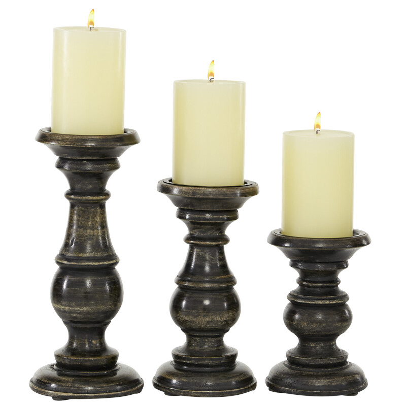 Set of 3 Black Wood Traditional Candle Holder, 6", 8", 10"