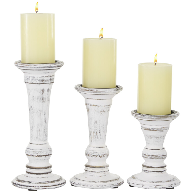 Set of 3 White Wood Country Cottage Candle Holder, 6", 8", 10"