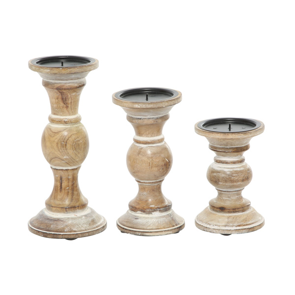 602756 Brown Set Of 3 Brown Wood Traditional Candle Holder 4