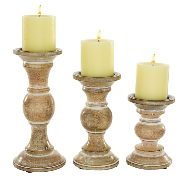 602756 Set of 3 Brown Wood Traditional Candle Holder, 7", 9", 11"