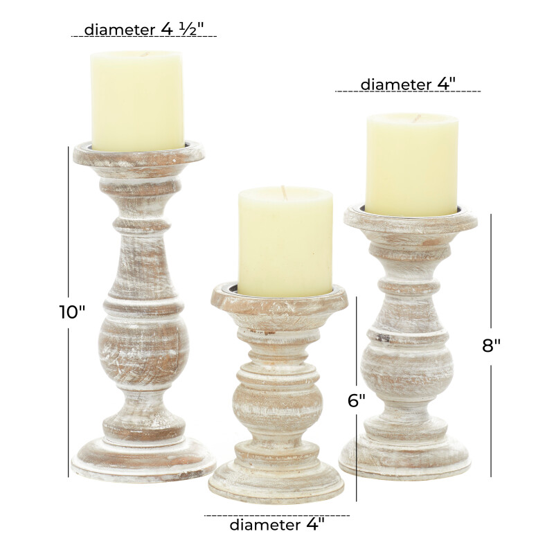 602757 Brown Set Of 3 White Wood Traditional Candle Holder