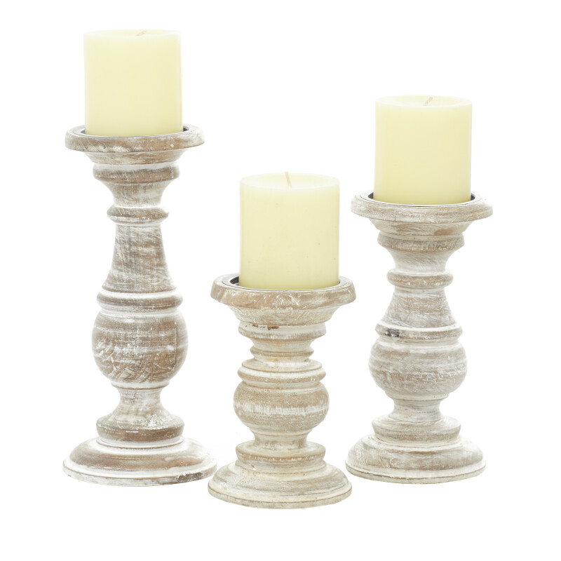 602757 Set of 3 White Wood Traditional Candle Holder, 6", 8", 10"