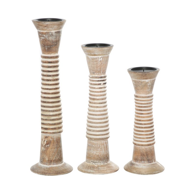 602758 Set Of 3 Brown Wood Traditional Candle Holder 6