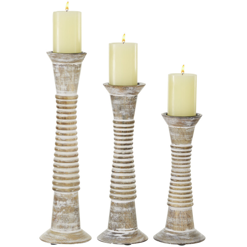 602758 Set of 3 Brown Wood Traditional Candle Holder, 12" 15", 18"