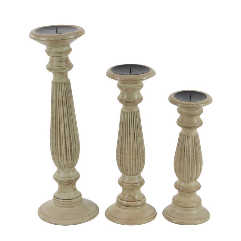 602762 Set Of 3 Brown Wood Traditional Candle Holder 1