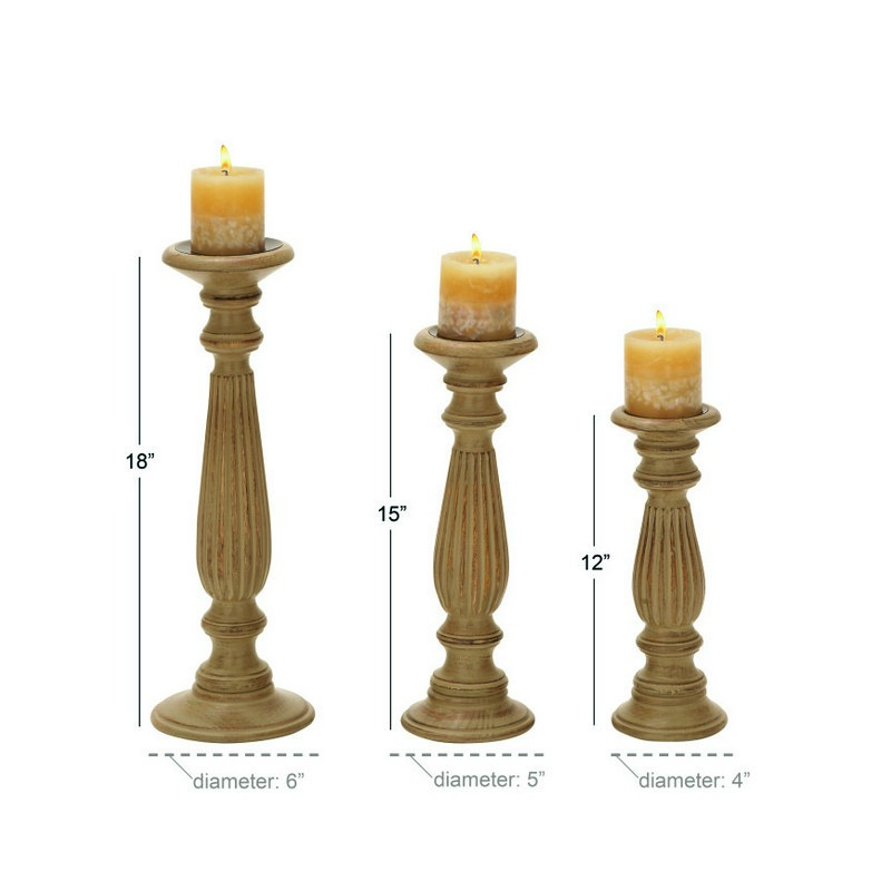 602762 Set Of 3 Brown Wood Traditional Candle Holder 8