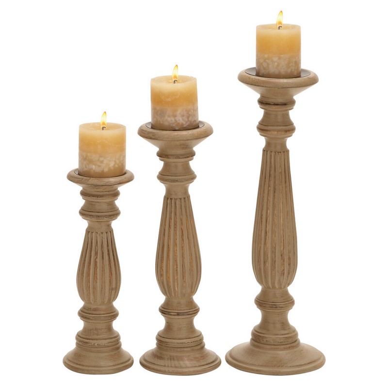 Set of 3 Brown Wood Traditional Candle Holder, 18", 15", 12"
