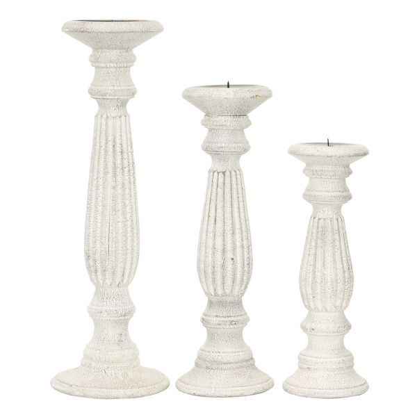 602763 Set Of 3 White Wood Traditional Candle Holder 3