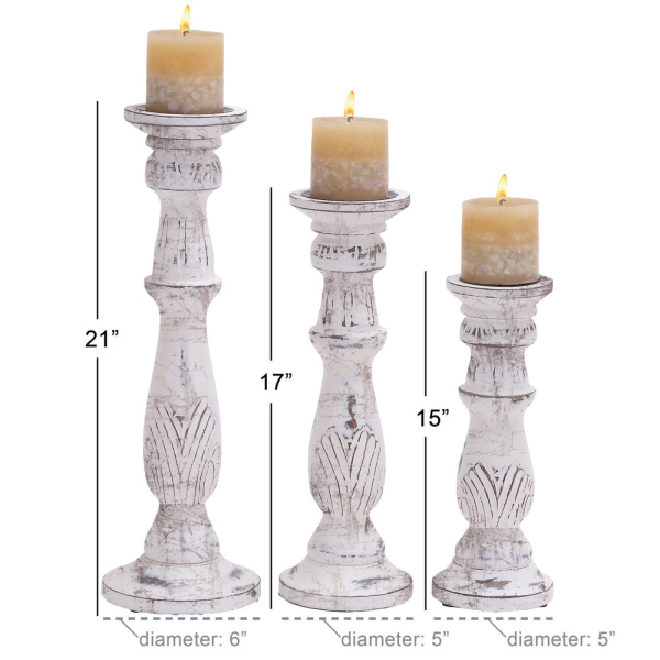 602765 White Set Of 3 White Wood Traditional Candle Holder 2