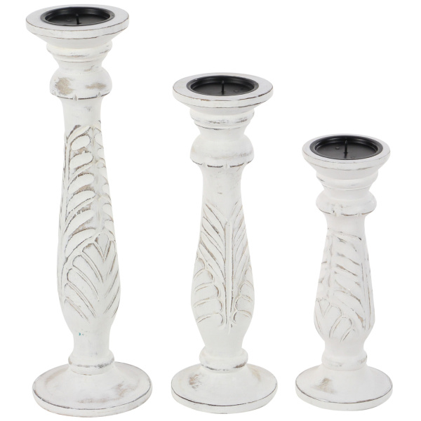 602765 White Set Of 3 White Wood Traditional Candle Holder 4