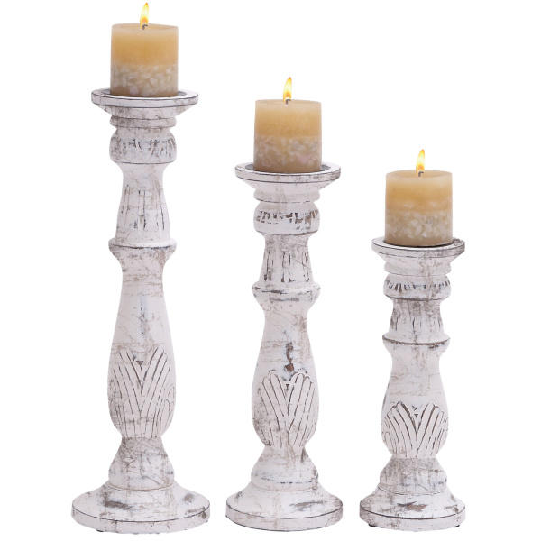 Set of 3 White Wood Traditional Candle Holder, 18", 15", 12"