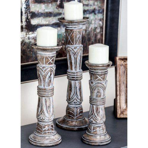 602766 Set of 3 Light Brown Wood Traditional Candle Holder, 18", 15", 12"