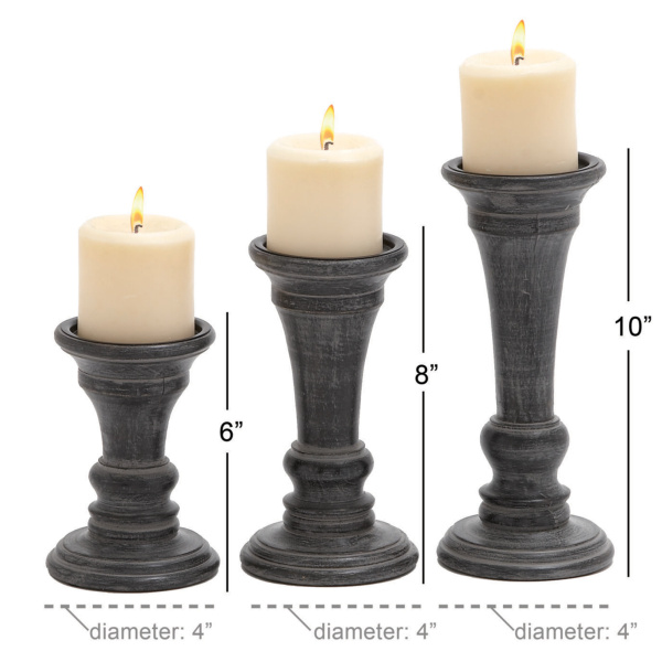 602768 Set Of 3 Black Wood Traditional Candle Holder 1