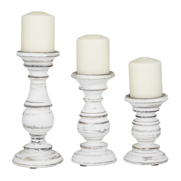 Set of 3 White Wood Traditional Candle Holder, 10", 8", 6"
