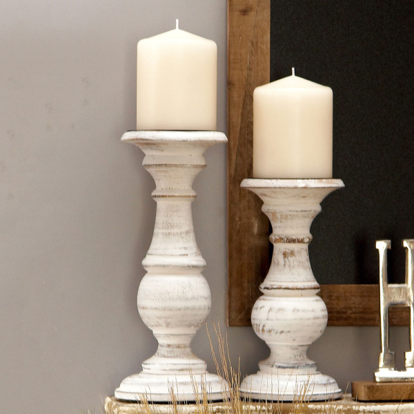 602769 White Set Of 3 White Wood Traditional Candle Holder