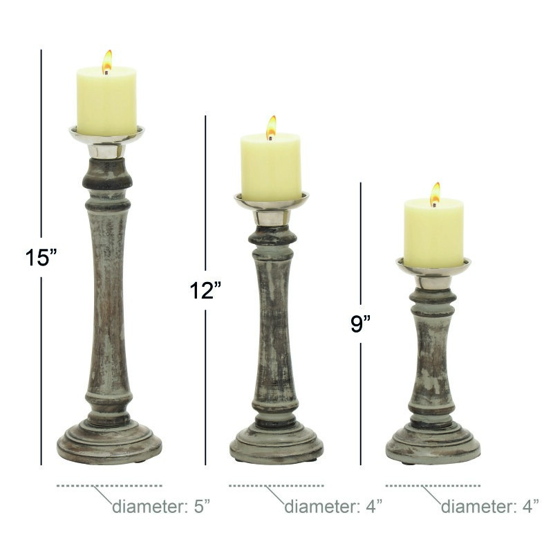 602771 Brown Set Of 3 Brown Wood Traditional Candle Holder 3