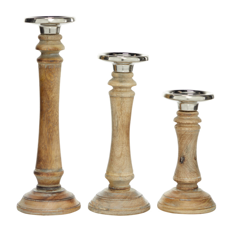 602771 Brown Set Of 3 Brown Wood Traditional Candle Holder 4