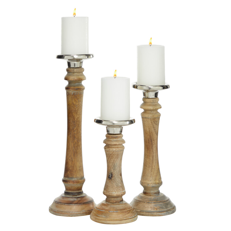 602771 Brown Set Of 3 Brown Wood Traditional Candle Holder 6