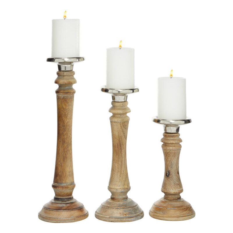 602771 Set of 3 Brown Wood Traditional Candle Holder, 9", 12", 15"